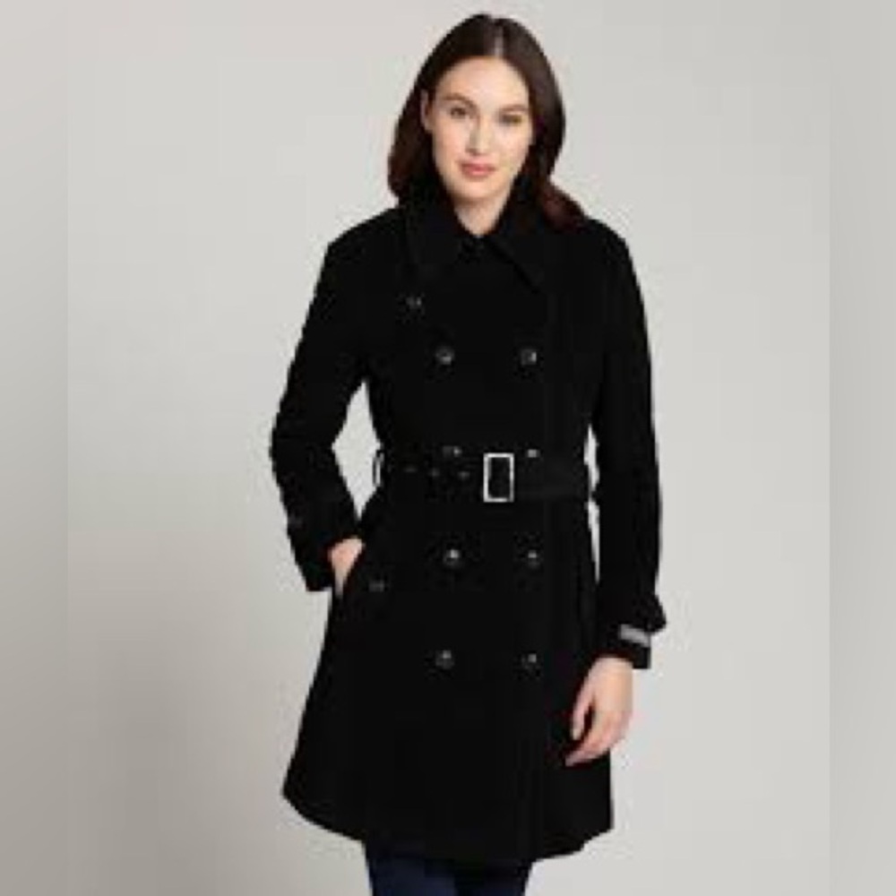 Cole Haan Coat Black Wool doble breast with belt Size 12